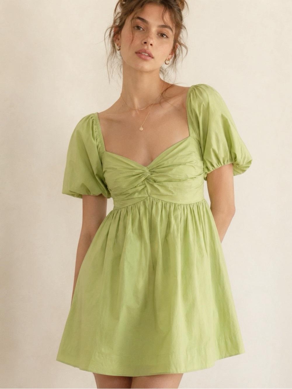 Women's Green Puff Sleeve Mini Dress